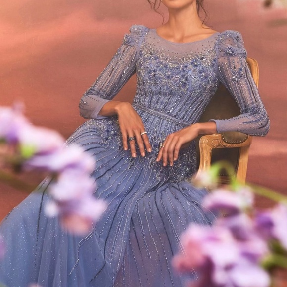 Andrea and Leo A1167 Illusion Long Sleeve A-Line Dress - Blue, Size 6 - Picture 3 of 5